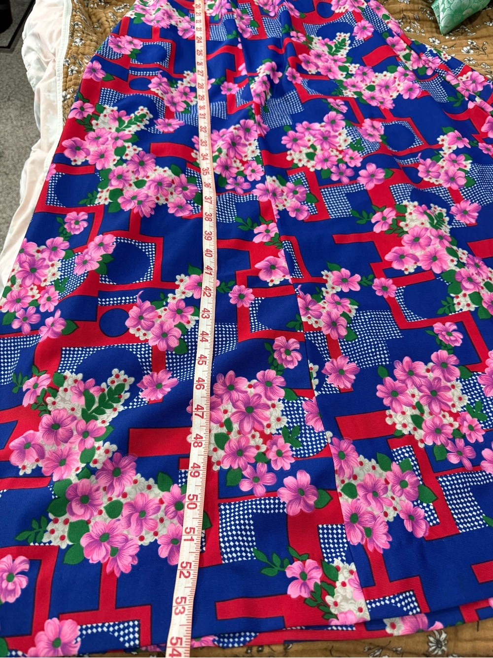 Vintage Floral Halter Maxi Dress - Bold Blue Pink Floral Geometric Print S/M fit - Picture 11 of 11